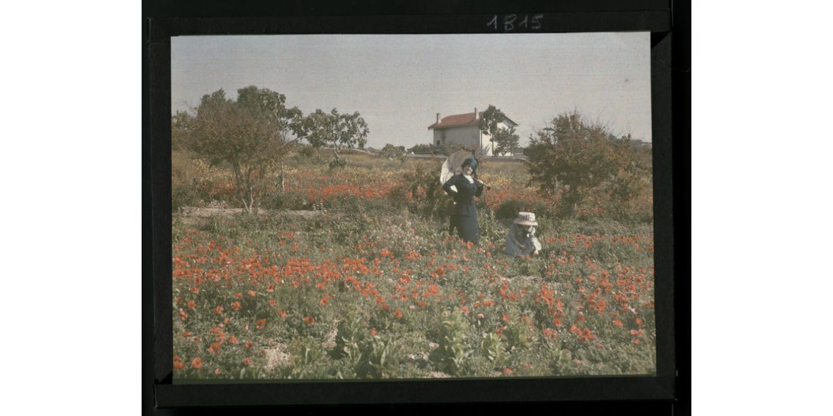 Giorgio Roster, Aida and Germana Bronzini in a field of poppies, 1905-1910 ca., autochrome, 9 x 12 cm, Alinari Archives- Roster archive, Florence