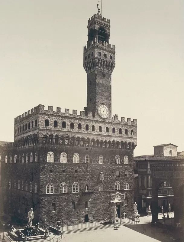 Fratelli Alinari presso Luigi Bardi, Veduta di Palazzo Vecchio in Piazza della Signoria, Firenze, 1852-1855, stampa su carta all'albumina, 34x27 cm, Archivi Alinari, Firenze