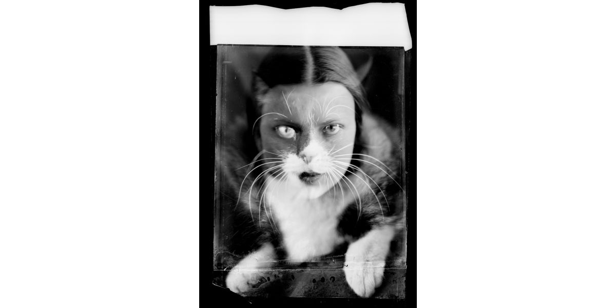 Wanda Wulz, "Io + gatto", 1932, two silver gelatin negatives on glass, superimposed for superimpression, 125x185 mm, Alinari Archives- Wanda Wulz archive, Florence