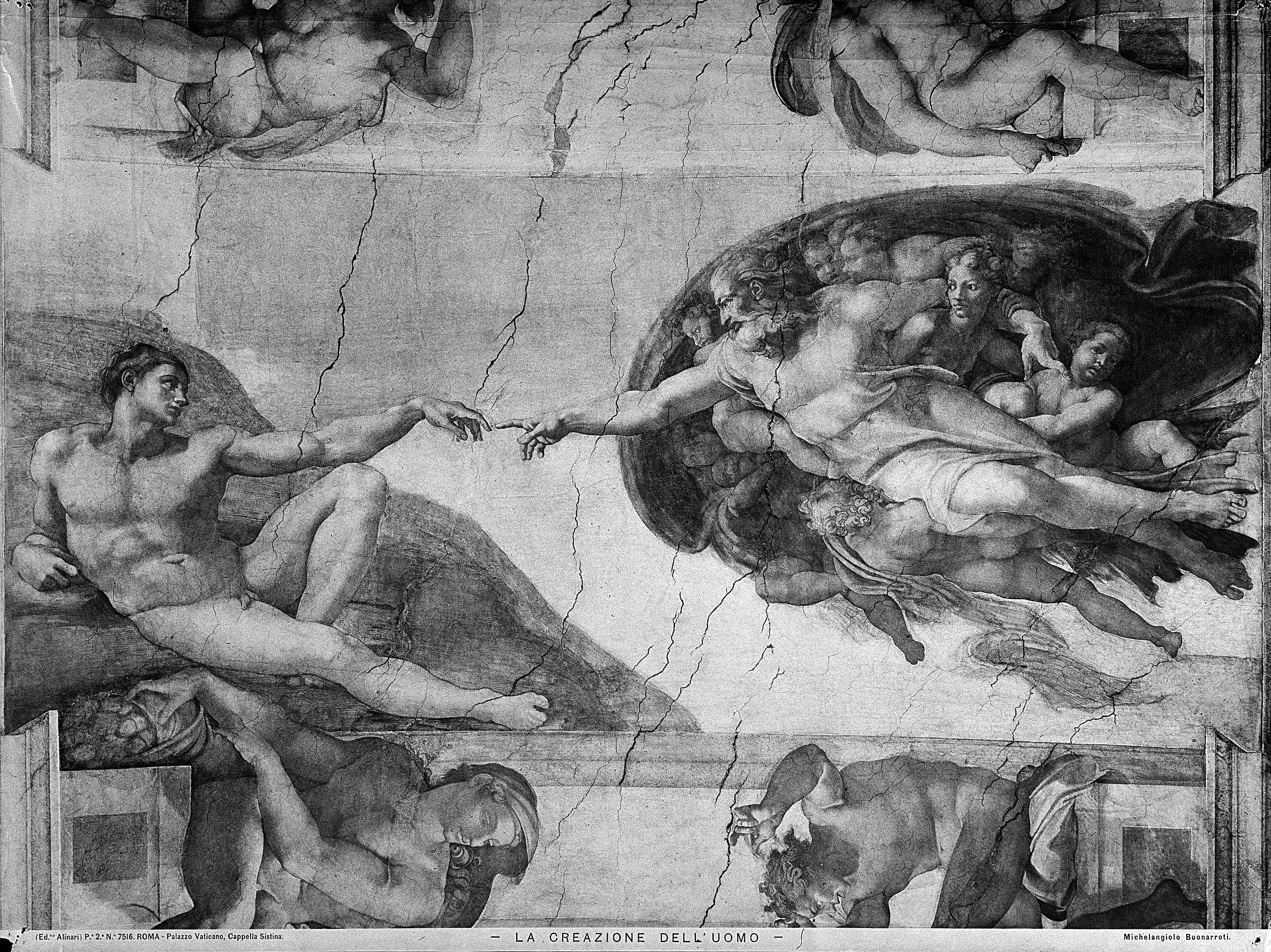 Fratelli Alinari, Michelangelo Buonarroti, La Creazione dell'uomo, particolare delle Storie della Genesi, volta della Cappella Sistina (1508-1512), Musei Vaticani, Città del Vaticano, ante 1881, stampa su carta all'albumina, 43x57,2 cm, Archivi Alinari, Firenze