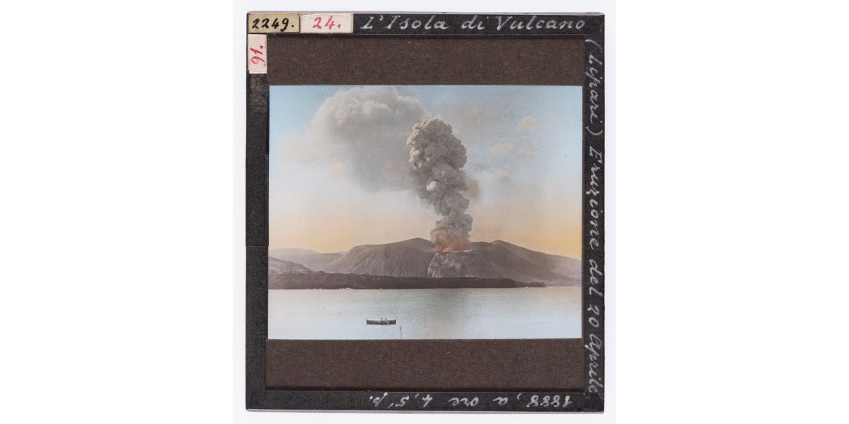 Giorgio Roster, "Etna. Eruption of 1892 (19 August)", Sicily, 19 August 1892, hand-coloured glass slide, 9 x 8 cm, Alinari Archives-Roster archive, Florence