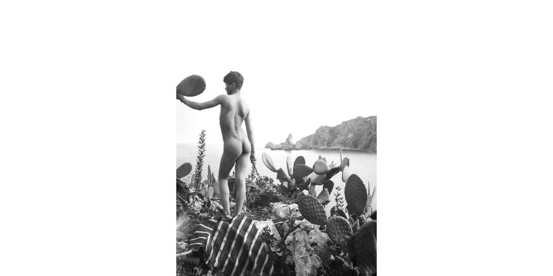 Wilhelm von Gloeden, “Turi appoggiato col braccio al fico d'India...serpe” (Taormina), 1885 ca., negativo alla gelatina sali d’argento su vetro, Archivi Alinari - archivio von Gloeden, Firenze