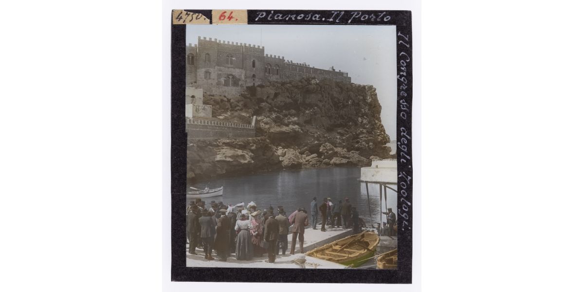 Giorgio Roster, “Pianosa. Il porto Il congresso degli zoologi.”, 1888, diapositiva su lastra di vetro colorata a mano, 9 x 8 cm, Archivi Alinari-archivio Roster, Firenze