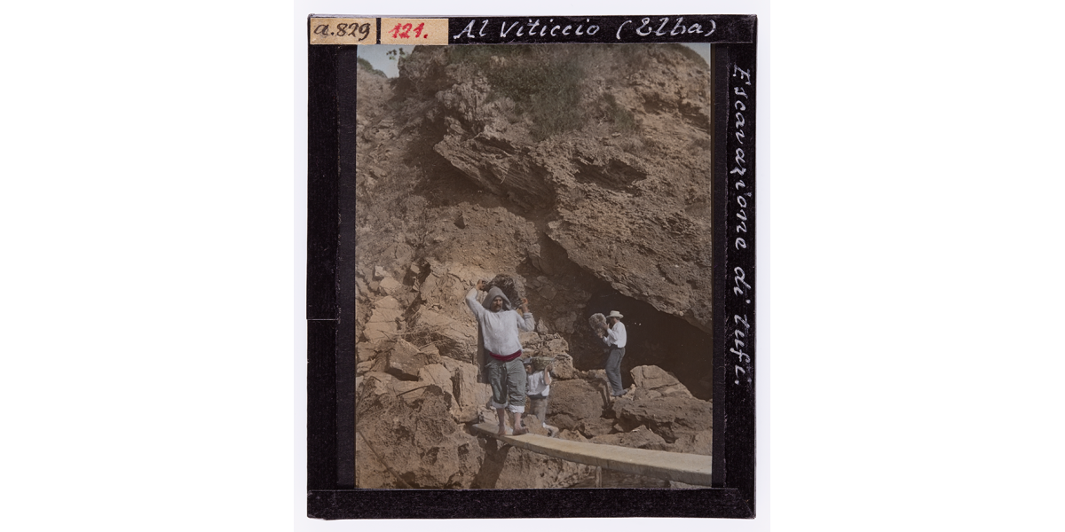 Giorgio Roster, Al Viticcio, Elba Island: Tuff excavation, hand-coloured glass slide, 8 x 9 cm, Alinari Archives-Roster archive, Florence