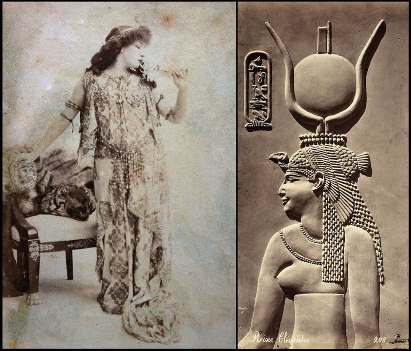 A sinistra: Autore non identificato, L'attrice teatrale Sarah Bernhardt ritratta nei panni di Cleopatra, 1890 ca., stampa all’albumina, Archivi Alinari-collezione album, Firenze. A destra: Félix Bonfils, Bassorilievo egiziano raffigurante Cleopatra proveniente dal tempio di Hator a Dendera in Egitto, 1868, stampa all’albumina, Archivi Alinari-collezione Favrod, Firenze.