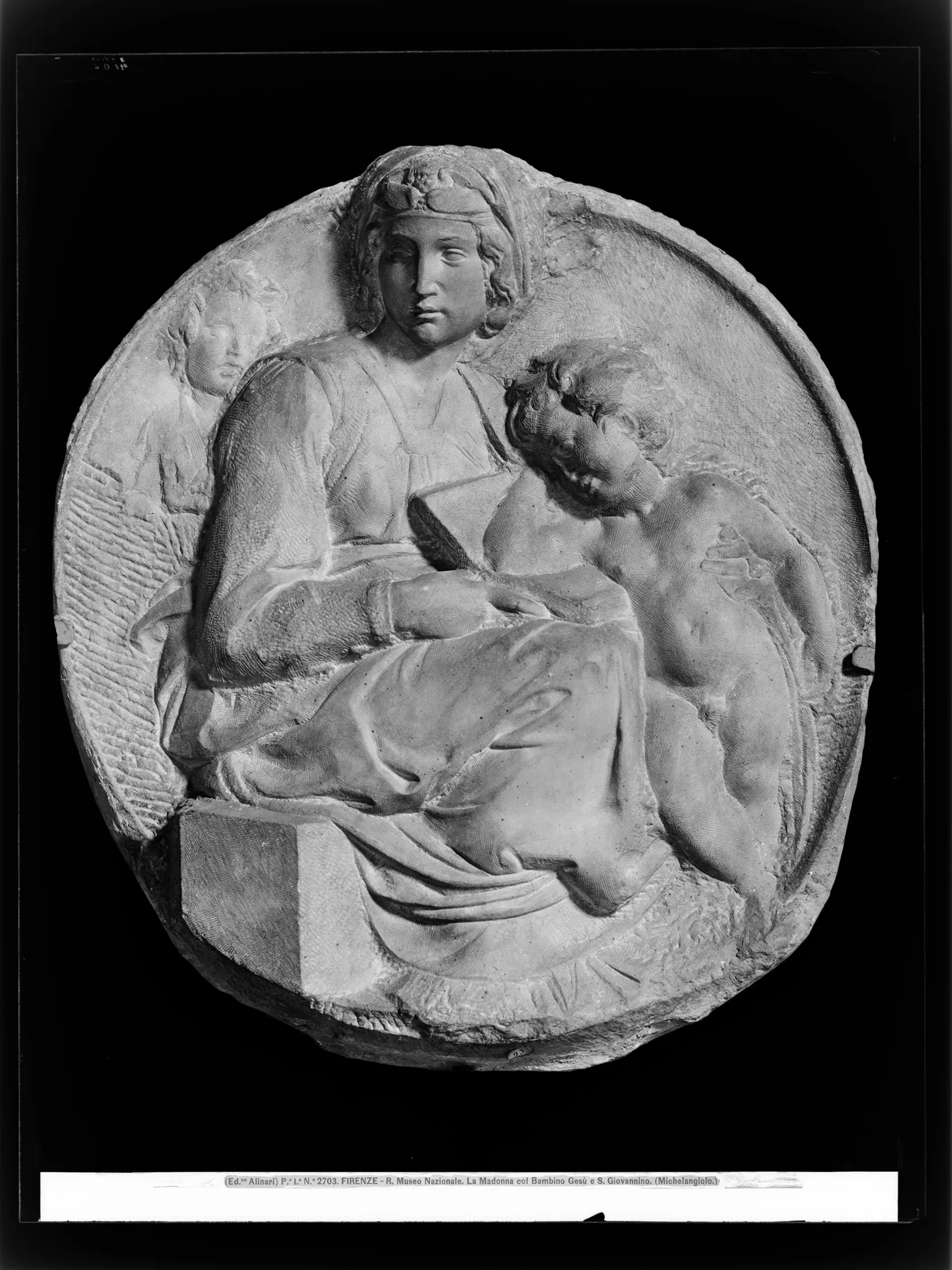 Fratelli Alinari, Michelangelo Buonarroti, Tondo Pitti (1503-1505 ca.), Galleria degli Uffizi, oggi Museo Nazionale del Bargello, Firenze, ante 1873, negativo alla gelatina sali d'argento su vetro, 21x27 cm, Archivi Alinari, Firenze