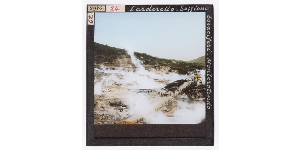 Unknown author (Luigi Sassi?), "Lardello. Boraciferous fumaroles. Monterotondo", Monterotondo, Lardello, 1872-1900 ca., hand-coloured glass slide, 8 x 9 cm, Alinari Archives-Roster archive, Florence