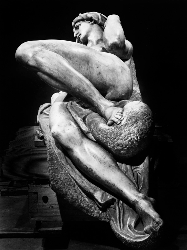 Stabilimento Giacomo Brogi,   Michelangelo Buonarroti, Dawn, detail from the tomb of Lorenzo de' Medici Duke of Urbino (ca. 1525-1526), Medici Chapels, Basilica of San Lorenzo, Florence, 1940-1943, silver gelatin dry glass plate negative, Alinari Archives, Florence