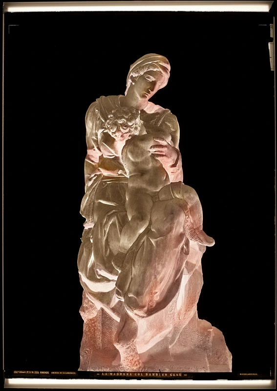 Fratelli Alinari, Michelangelo Buonarroti, Madonna and child (1526-1534) - back of the negative, New Sacristy, Basilica of San Lorenzo, Florence, before 1876, wet glass plate collodion, Alinari Archives, Florence