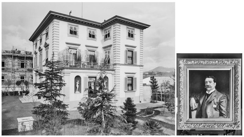 A sinistra: Fratelli Alinari, Villa Fagan, oggi sede della Banca di Credito Cooperativo di Cambiano, febbraio 1903, negativo alla gelatina sali d’argento su vetro, Archivi Alinari-archivio Alinari, Firenze. A destra: Fratelli Alinari, Ritratto di Louis Alexander Fagan, olio su tela, John Singer Sargent (1856-1925), Villa Fagan, Firenze, febbraio 1903, negativo alla gelatina sali d’argento su vetro, Archivi Alinari-archivio Alinari, Firenze.